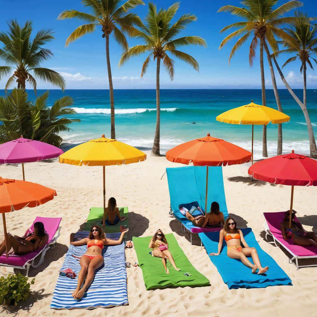 A stylish beach scene showcasing diverse individuals sunbathing in vibrant, provocative swim attire. The sun is shining brightly with palm trees swaying in the background, creating a tropical atmosphere. Include colorful beach umbrellas and vibrant beach towels scattered around, adding to the summer vibe. Capture the essence of joy and relaxation, with splashes of water from nearby surfers and beach-goers. bright colors. super-realistic.