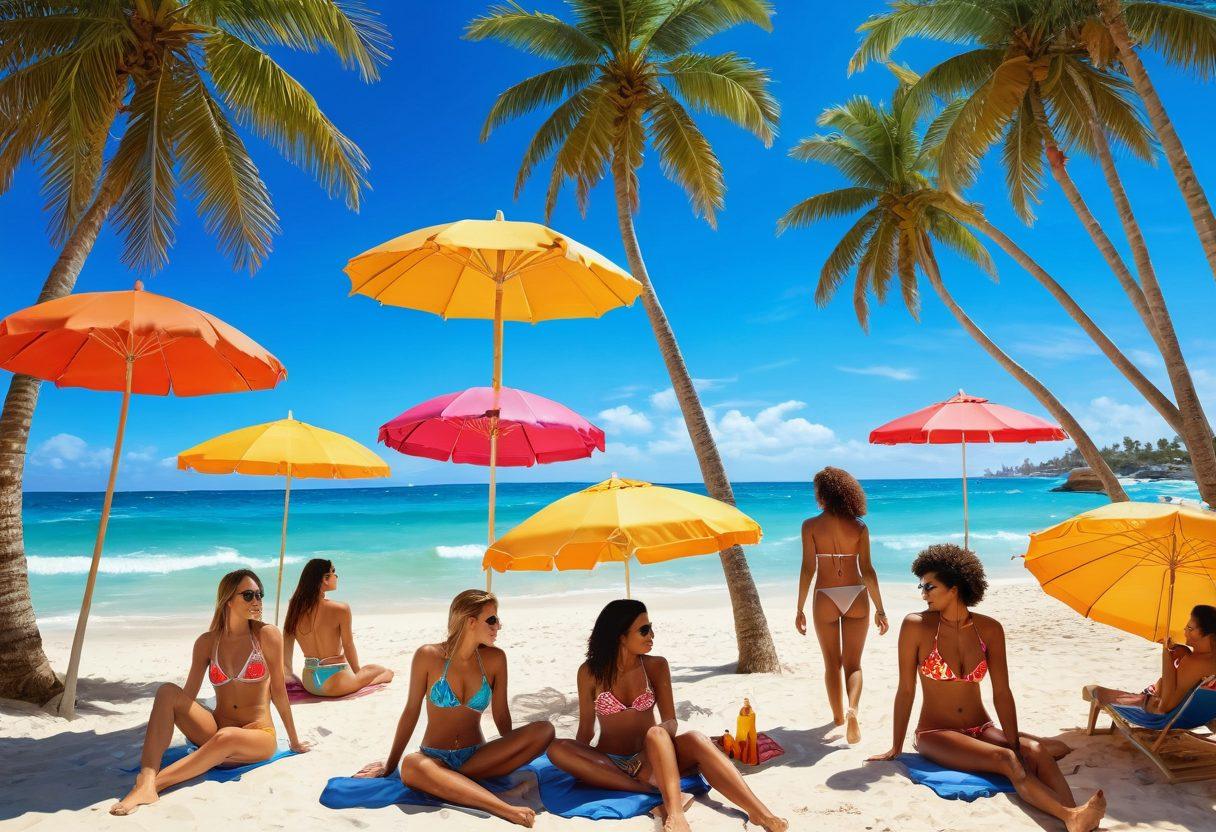 A vibrant summer beach scene showcasing a diverse group of bold individuals wearing daring swimwear, enjoying the sun and waves. Include colorful beach umbrellas, tropical drinks, and splashing water to convey a sense of fun and freedom. The background features palm trees and a bright blue sky, evoking a lively summer vibe. super-realistic. vibrant colors. sunny atmosphere.
